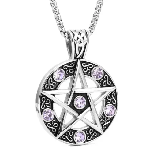 NTM2069 Pentagram Amethyst Pendant Stainless Steel Violet Crystal Star Necklace