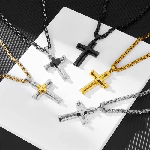 NTM2370 Men's Double Layer Cross Necklace Stainless Steel Wire Rope Hip Hop Jewelry