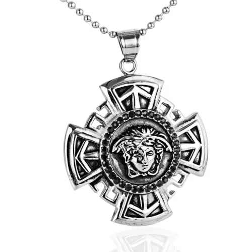 NTM2120 Cross Shaped Face Pendant Necklace Men's Stainless Steel with Black White Diamonds