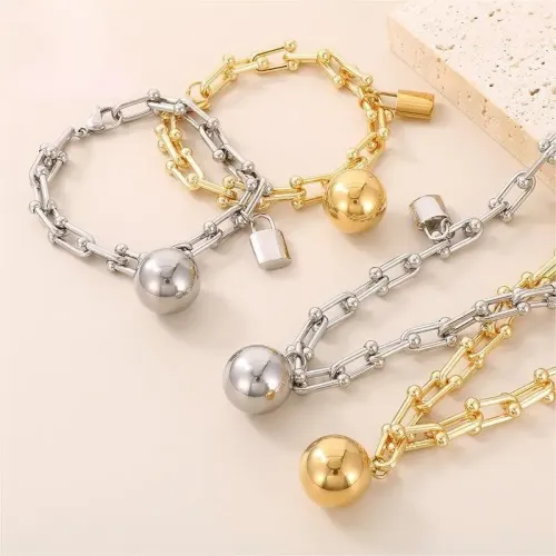 NTM2989 Sphere Pendant Padlock Women's Bracelet Necklace Combo Set in Stainless Steel