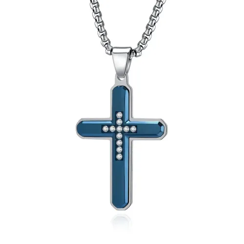 NTM1262 Men's Hexagonal Facet Dual Tone Cross Pendant Stone Inlaid Stainless Steel