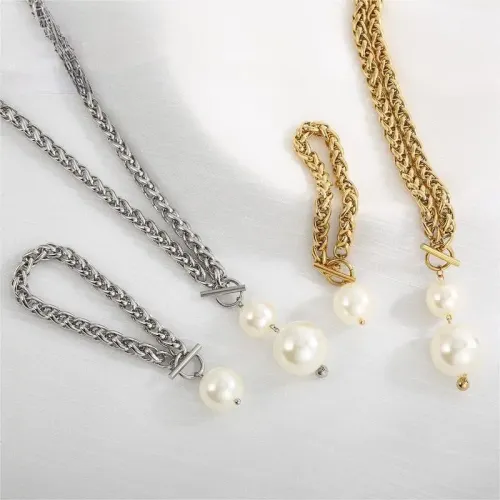 NTM2810 Faux Pearl Necklace Bracelet Set with Stainless Steel Spine Chain for Women