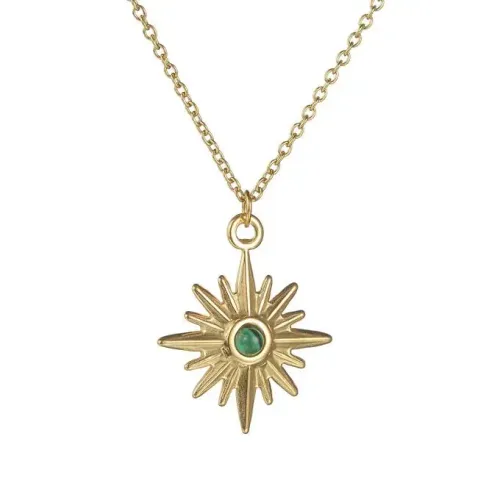 NTM3722 18K Gold Plated Stainless Steel Necklace with Green Gem Star Pendant for Women