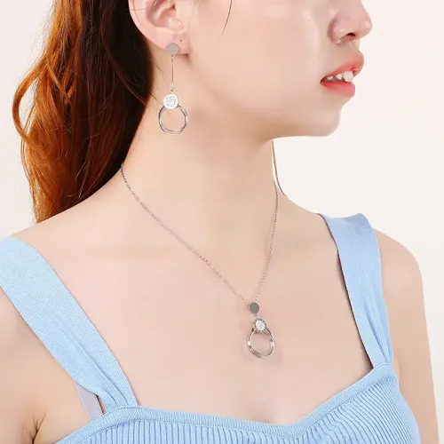 NTM3012 Circle Pendant Stainless Steel Women's Necklace Earrings Set Timeless Jewelry