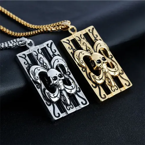 NTM2179 Scout Flower Skull Pendant Punk Necklace Stainless Steel Rectangular Skull Charm
