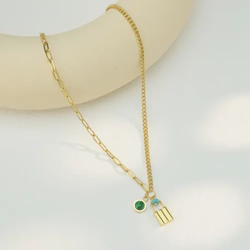 NTM3395 Winter Collection: Emerald Cubic Zirconia Padlock Pendant Necklace in Stainless Steel for Women