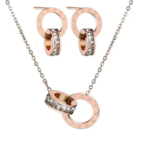 NTM3343 Rose Gold Stainless Steel Double Ring Diamond Pendant Roman Numeral Necklace Earring Set for Women