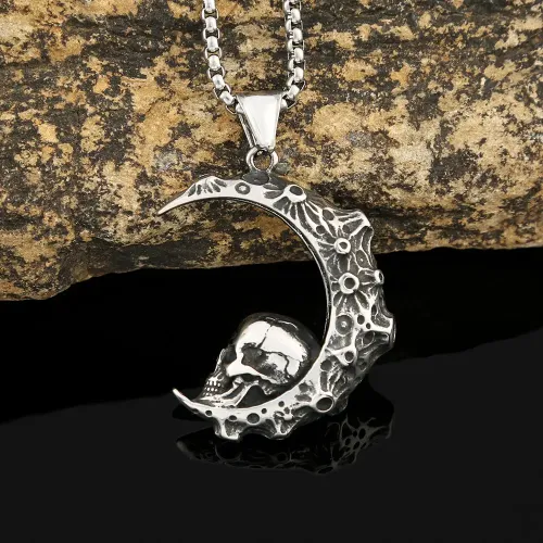 NTM984 Moon Skull Necklace for Men Stainless Steel Celestial Pendant Jewelry