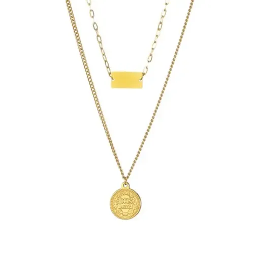 NTM3706 Double Layered Queen Circle Pendant Necklace for Women Stainless Steel Clavicle Chain