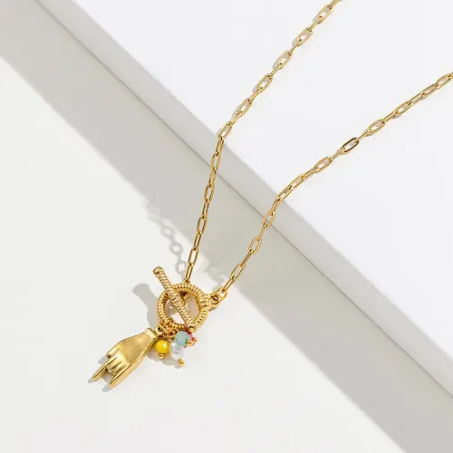 NTM3390 14K Gold Round Medallion Heart Horn NK Chain with OT Clasp Stainless Steel Clavicle Necklace