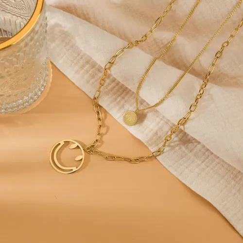 NTM3713 Hollow Smiley Face Double Layered Letter Pendant Necklace Stainless Steel Sweater Chain