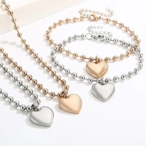 NTM2665 18K Gold Plated Heart Bracelet Beaded Choker Necklace Set for Women