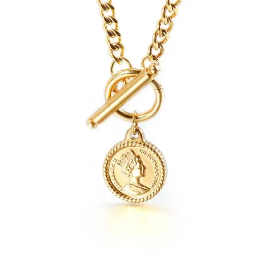 NTM2690 Queen Coin Pendant Necklace for Women Trendy Gold Collar Chain Fashion Accessory