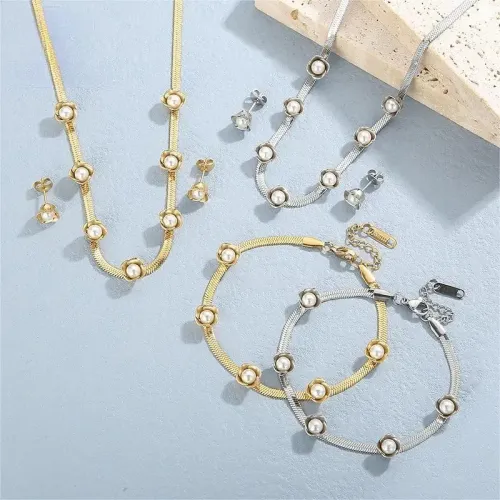 NTM3029 Elegant Pearl Circle Pendant Snake Chain Bracelet Set with Studs Stainless Steel Women's Trio