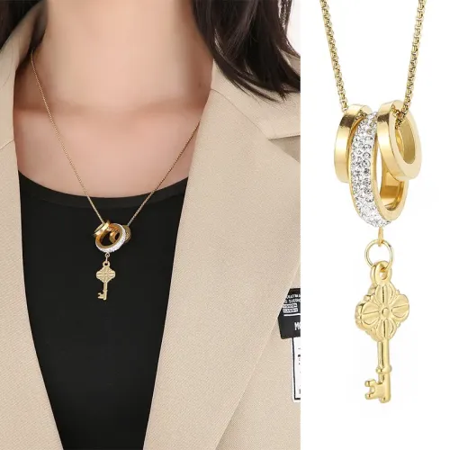 NTM2922 Stainless Steel Key Necklace with Full Diamond Circle Pendant for Autumn/Winter Sweaters