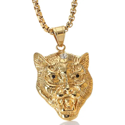 NTM2283 18K Real Gold Leopard Head Pendant Stainless Steel Panther Necklace for Men