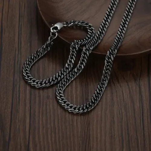 NTM3741 Stainless Steel Cuban Link Chain Set with Double Sided Clasp Necklace Bracelet Combo