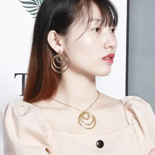 NTM2887 Geometric Collarbone Chain Interlocking Circles Pendant Stainless Steel Hollow Earrings Set