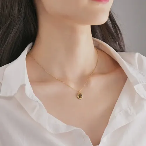 NTM3451 Elegant 14K Gold Oval Turquoise Necklace for Women Chic Sweater Chain