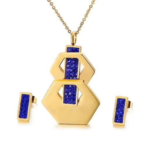 NTM2599 Stainless Steel Rhinestone Geometric Necklace Earrings Set Modern Jewelry