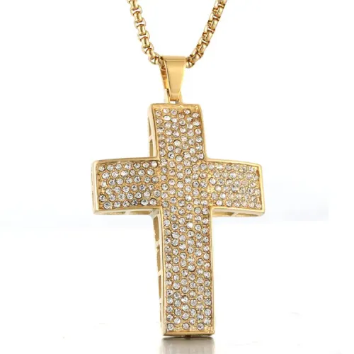 NTM2156 Full Diamond Cross Pendant Necklace for Women Stainless Steel Encrusted Cross Charm