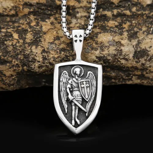 NTM948 Angel Shield Pendant Stainless Steel Medal Necklace Accessory