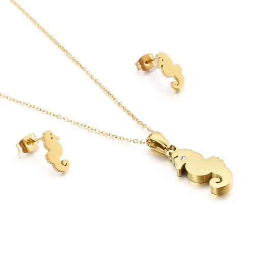 NTM2475 Stainless Steel Seahorse Necklace Earrings Set Affordable Animal Jewelry