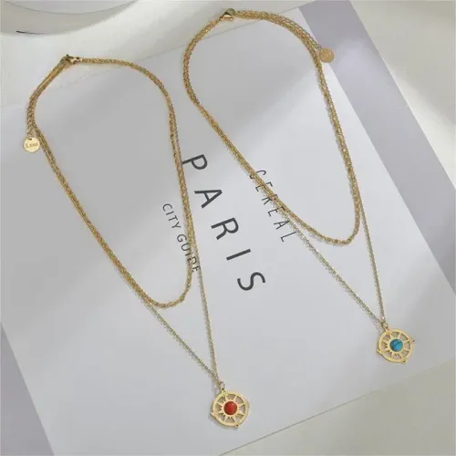 NTM3443 14k Gold Hollow Double Layer Sun Compass Medal Necklace Stainless Steel Star Pendant
