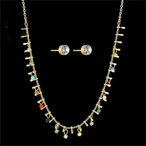 NTM3393 Bohemian Colorful Beaded Necklace Stud Earrings Set Women Stainless Steel Clavicle Chain Mom