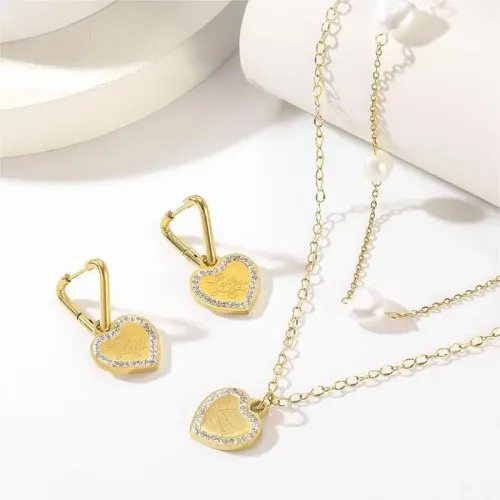 NTM2664 Stainless Steel 'LOVE YOU' Heart Rhinestone Necklace and Earrings Set for Women