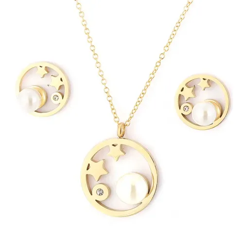 NTM2875 Stainless Steel Round Hollow Star Pearl Necklace Earrings Set for Women