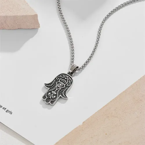 NTM2364 Unisex Double Sided Hand of Fatima Stainless Steel Necklace Palm Charm