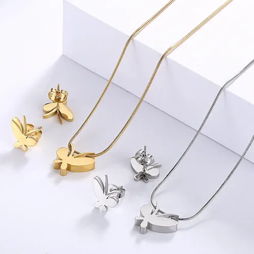 NTM2700 Stainless Steel Butterfly Necklace Earrings with Snake Chain Fashion Jewelry Set