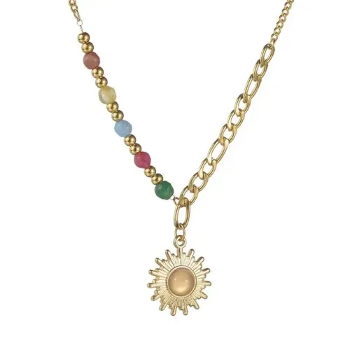 NTM3517 Stainless Steel Sun Pendant with Colorful Beaded Necklace Trendy Solar Jewelry