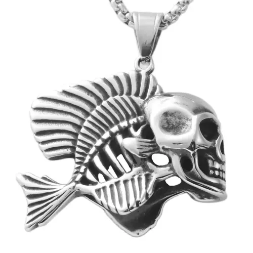 NTM1809 Skeleton Fish Pendant Necklace for Women Stainless Steel Skull Jewelry
