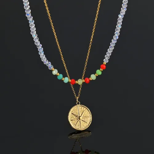 NTM3595 Double Layered Stainless Steel Star Pendant Colorful Bead Chain Necklace Layering Jewelry