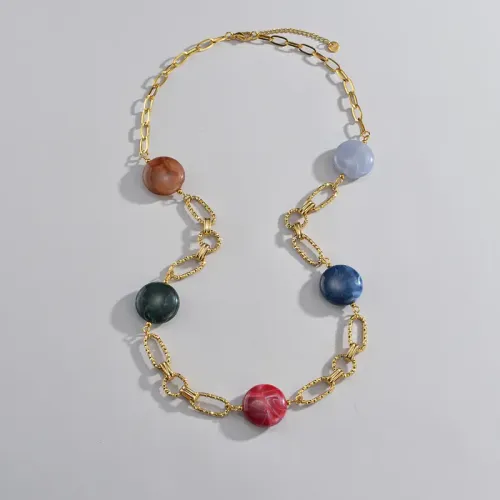 NTM3455 14K Gold Plated Stainless Steel Colorful Bead Embossed Necklace Women's Sweater Chain