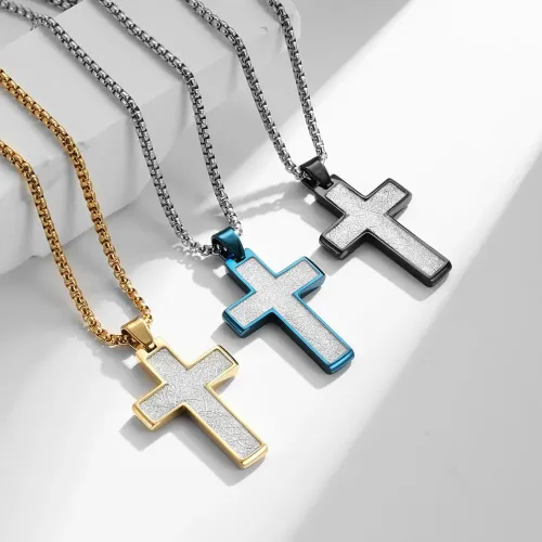 NTM1142 Men's Stainless Steel Cross Pendant Necklace with Silver Wire and Epoxy Inlay