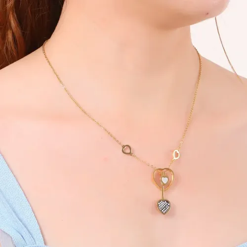 NTM2957 Hollow Heart Stainless Steel Diamond Necklace Earrings Set for Women