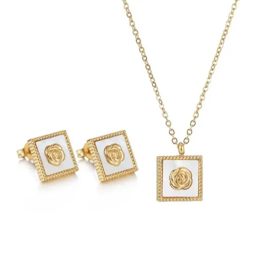 NTM3357 Shell Rose Flower Earrings Necklace Sweater Chain Set Elegant Jewelry Combo