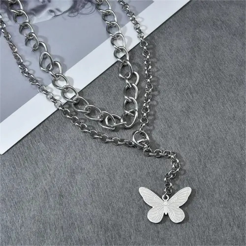 NTM3681 Butterfly Pendant Double Layered Chunky Chain Necklace Cool Harajuku Style Collar