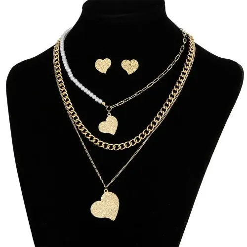 NTM3062 Double Layered Earrings Stainless Steel Clavicle Necklace Set Elegant Jewelry Combo
