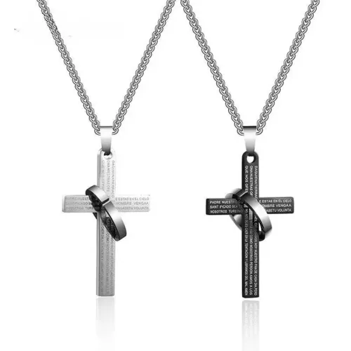 NTM3660 Men's Stainless Steel Cross Hoop Necklace Hip Hop Punk Long Sweater Chain