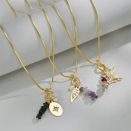 NTM3426 Natural Stone Butterfly Hollow Star Pendant Necklace Stainless Steel Clavicle Chain for Women
