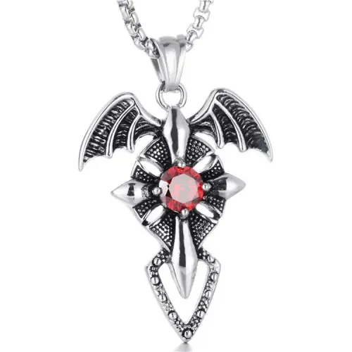 NTM2183 Winged Cross Pendant Punk Necklace Stainless Steel with Red Zircon Wings
