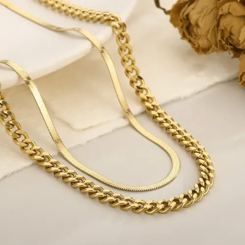 NTM2783 Double Layered Cuban Link Flat Snake Chain Necklace for Women Stainless Steel Collar