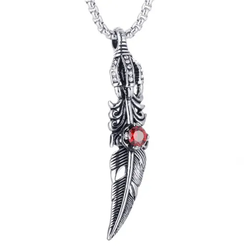 NTM2200 Feather Pendant Punk Necklace Stainless Steel Gemstone Feather Charm