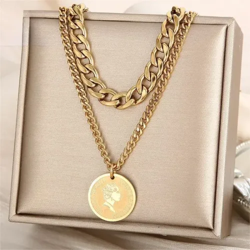 NTM2788 Portrait Coin Stainless Steel Layered Necklace for Women Hip Hop Queen Clavicle Chain
