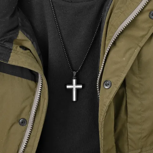 NTM1157 Men's Two Tone Stainless Steel Cross Pendant Hip Hop Style Chain Necklace