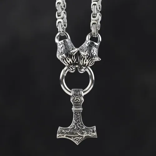 NTM3305 Gothic Lolita Thor's Hammer Pendant Stainless Steel Biker Long Necklace